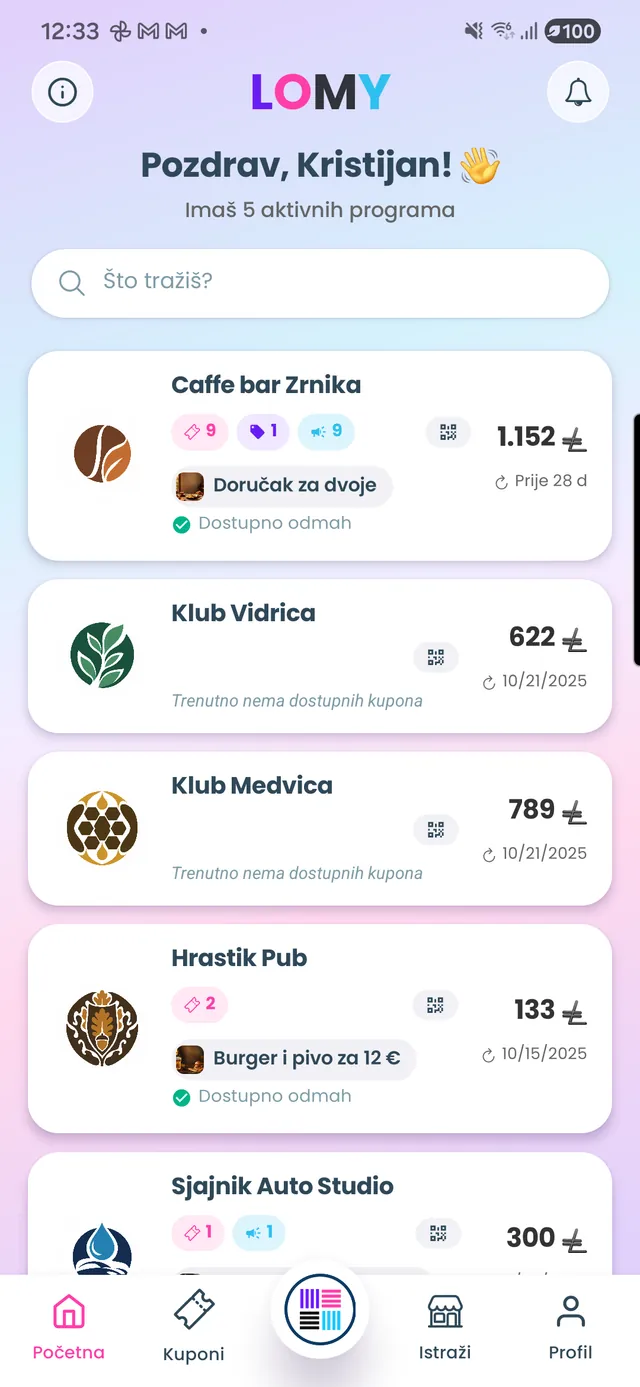Početni zaslon s bodovima i programima