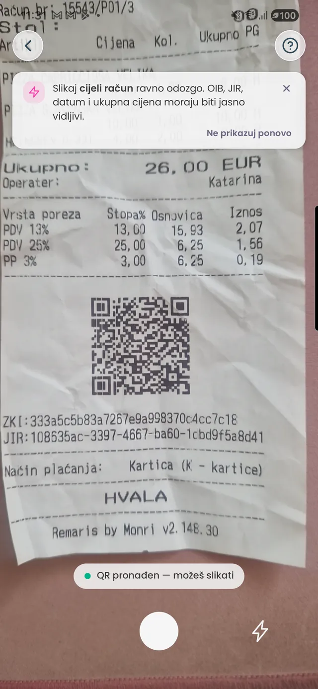 Skeniranje fiskalnog računa u LOMY aplikaciji